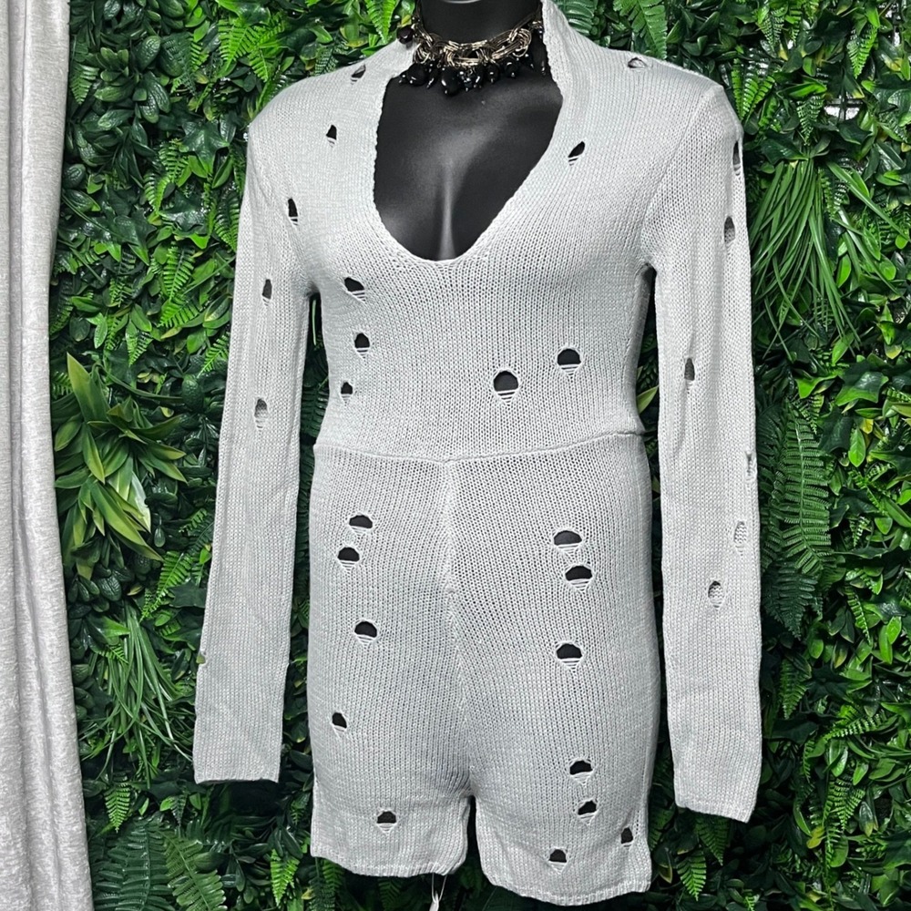 Distressed Large Gray Knit Romper Jumpsuit V Neck Long Sleeve Sheer Holes 3224